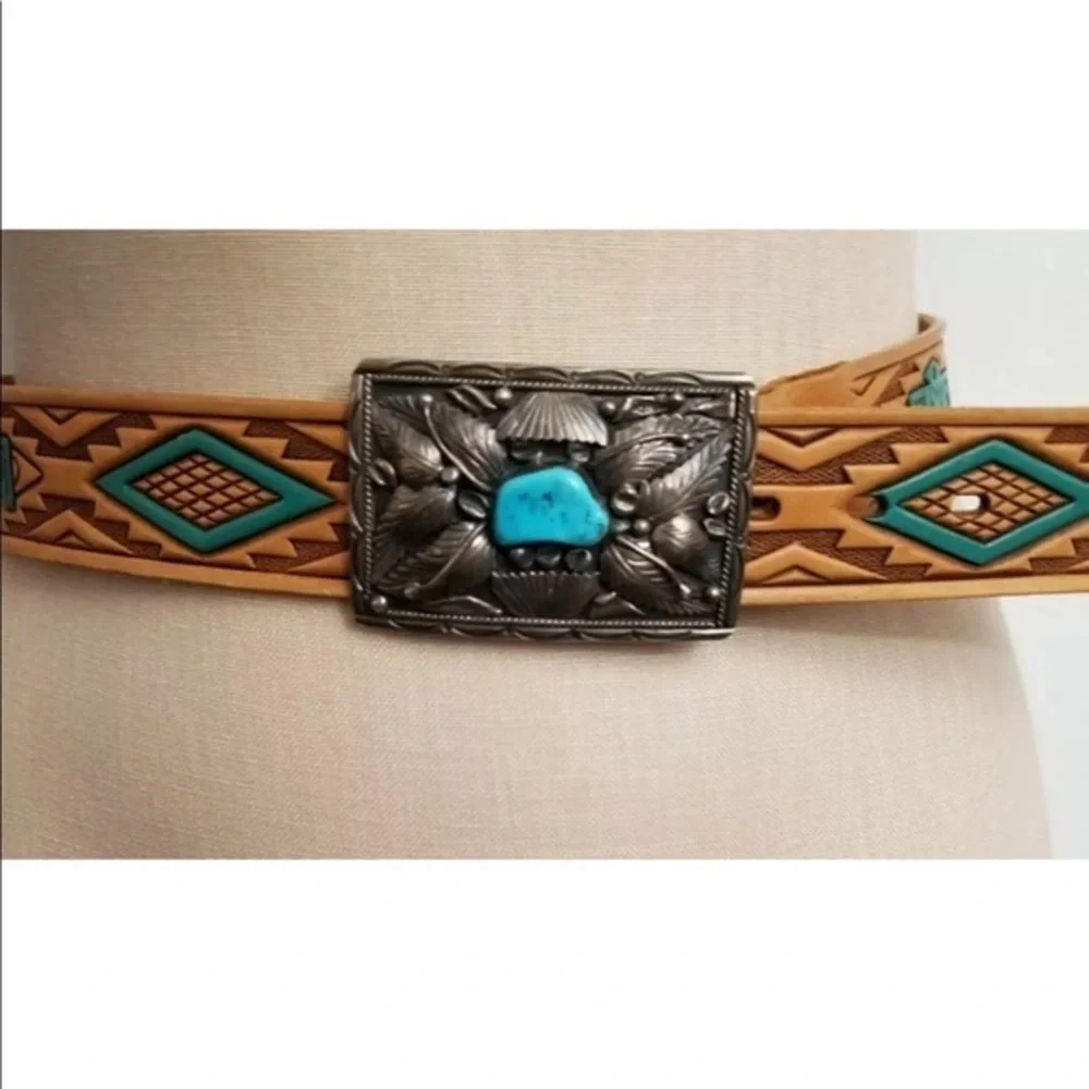 Vintage Signed Gilbert Ortega Enterprises Navajo Silver Turquoise Buckle Belt